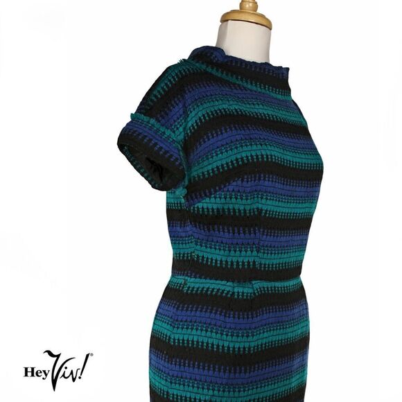 Vintage Fitted Sheath Dress Woven Blue Green Stripe Metal Zip Size M - Hey Viv - Picture 3 of 7